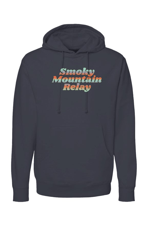 navy hoodie with 'Smoky Mountain Relay' in gradient text on a white background
