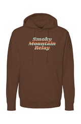 Brown hoodie with 'Smoky Mountain Relay' in gradient text on a white background