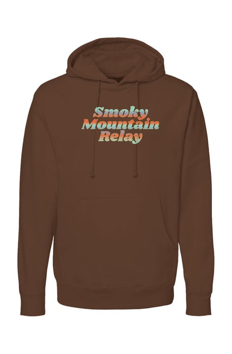 Brown hoodie with 'Smoky Mountain Relay' in gradient text on a white background