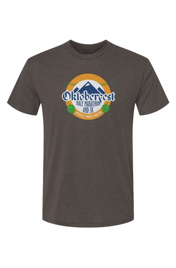 brown t-shirt with Oktoberfest Half Marathon & 5k logo with blue mountains, green hops in a gold ring on a white background