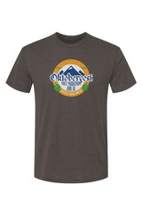 brown t-shirt with Oktoberfest Half Marathon & 5k logo with blue mountains, green hops in a gold ring on a white background