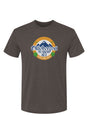 brown t-shirt with Oktoberfest Half Marathon & 5k logo with blue mountains, green hops in a gold ring on a white background
