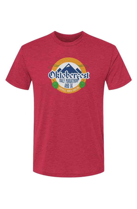 Red t-shirt with Oktoberfest Half Marathon & 5k logo with blue mountains, green hops in a gold ring on a white background