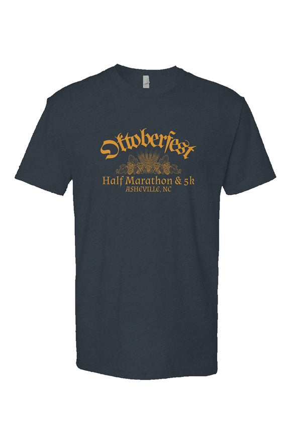 charcoal color t-shirt with 'Oktoberfest Half Marathon & 5k Asheville NC' text in gold surrounding an outline of wheat and hops