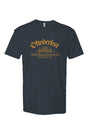charcoal color t-shirt with 'Oktoberfest Half Marathon & 5k Asheville NC' text in gold surrounding an outline of wheat and hops