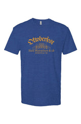 royal blue t-shirt with 'Oktoberfest Half Marathon & 5k Asheville NC' text in gold surrounding an outline of wheat and hops