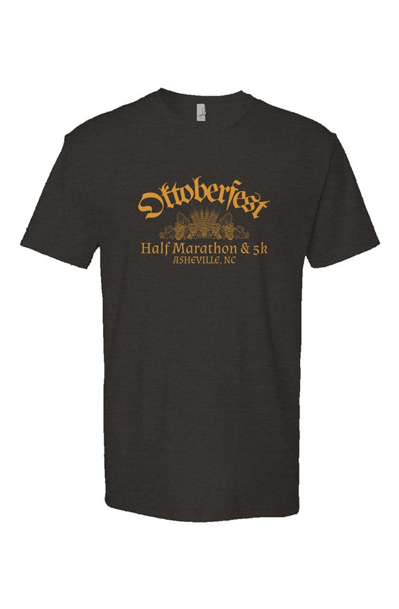 black t-shirt with 'Oktoberfest Half Marathon & 5k Asheville NC' text in gold surrounding an outline of wheat and hops