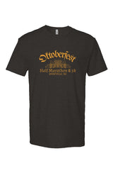 black t-shirt with 'Oktoberfest Half Marathon & 5k Asheville NC' text in gold surrounding an outline of wheat and hops