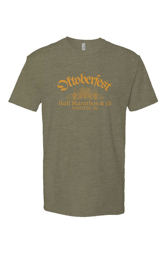 military green t-shirt with 'Oktoberfest Half Marathon & 5k Asheville NC' text in gold surrounding an outline of wheat and hops