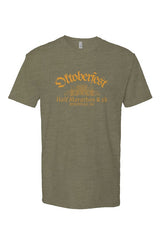 military green t-shirt with 'Oktoberfest Half Marathon & 5k Asheville NC' text in gold surrounding an outline of wheat and hops