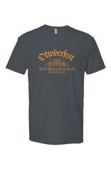 indigo t-shirt with 'Oktoberfest Half Marathon & 5k Asheville NC' text in gold surrounding an outline of wheat and hops
