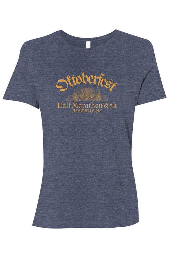 slate blue t-shirt with 'Oktoberfest Half Marathon & 5k Asheville NC' text in gold surrounding an outline of wheat and hops