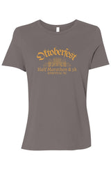 light grey t-shirt with 'Oktoberfest Half Marathon & 5k Asheville NC' text in gold surrounding an outline of wheat and hops.