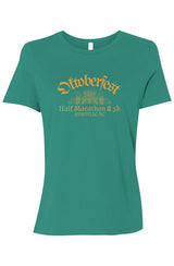 teal t-shirt with 'Oktoberfest Half Marathon & 5k Asheville NC' text in gold surrounding an outline of wheat and hops.