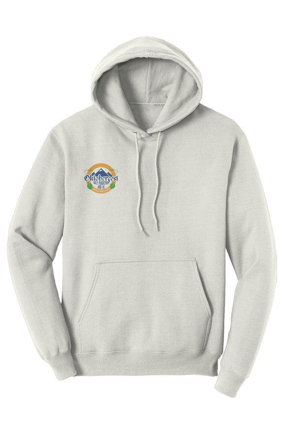Natural color hoodie with a small Oktoberfest Half Marathon logo on the right chest
