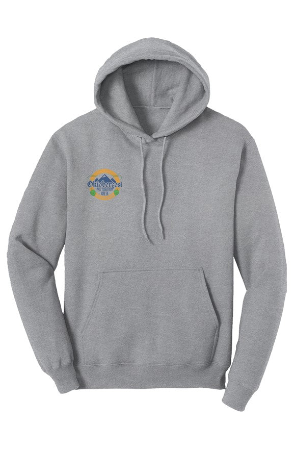 grey hoodie with a small Oktoberfest Half Marathon logo on the right chest