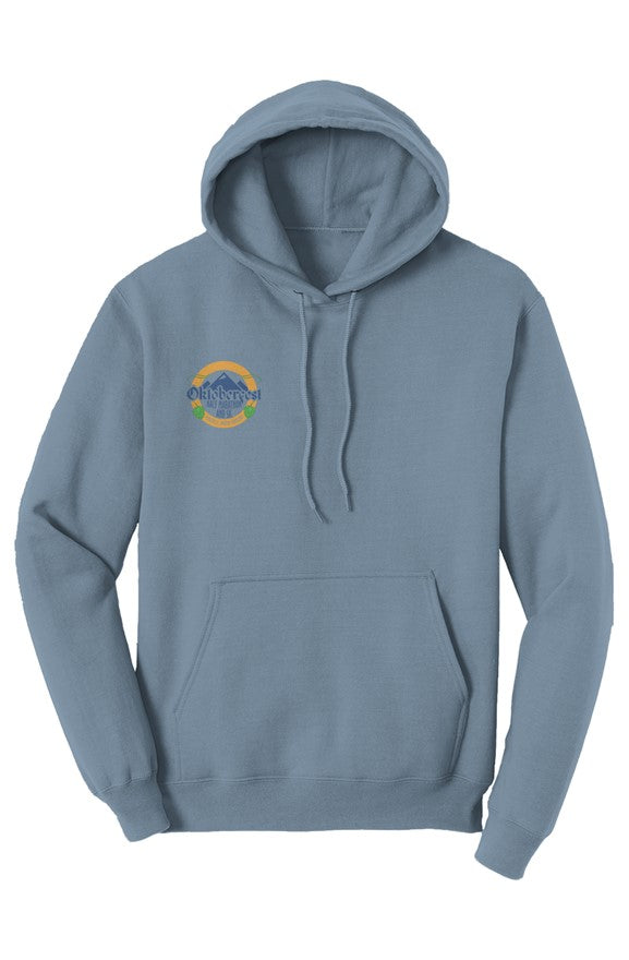 light blue hoodie with a small Oktoberfest Half Marathon logo on the right chest