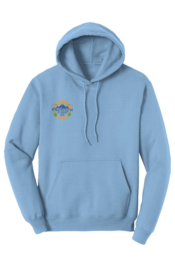carolina blue hoodie with a small Oktoberfest Half Marathon logo on the right chest