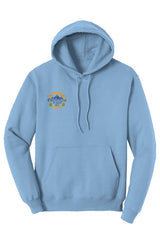 carolina blue hoodie with a small Oktoberfest Half Marathon logo on the right chest