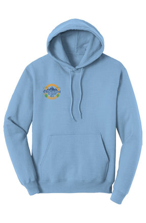 carolina blue hoodie with a small Oktoberfest Half Marathon logo on the right chest
