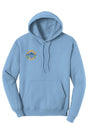 carolina blue hoodie with a small Oktoberfest Half Marathon logo on the right chest