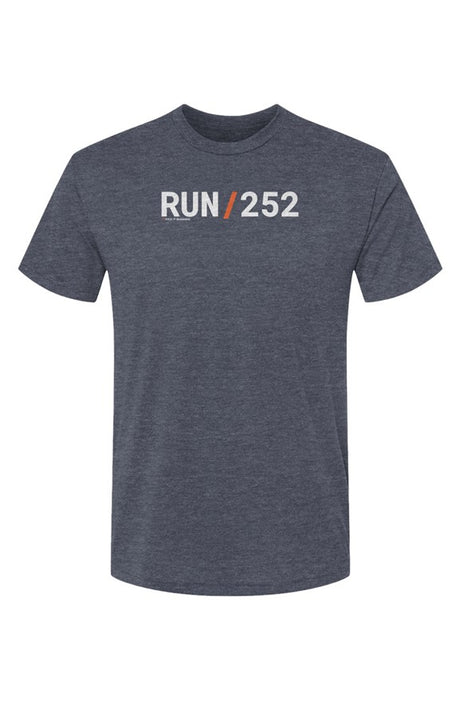 slate blue shirt with words RUN / 252 in white with orange slash separating the words