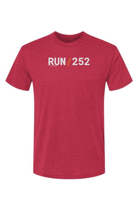 red shirt with words RUN / 252 in white with orange slash separating the words