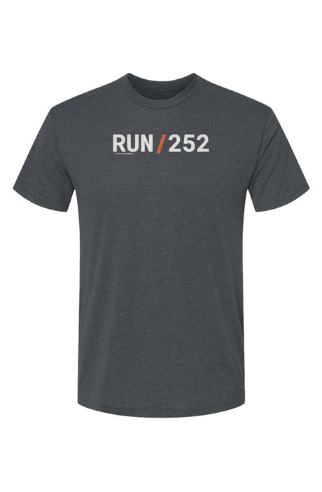 indigo shirt with words RUN / 252 in white with orange slash separating the words
