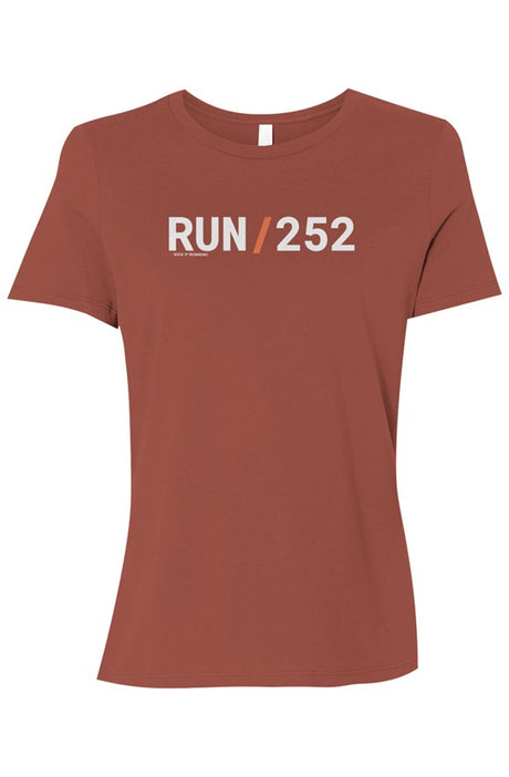 brown shirt with words RUN / 252 in white with orange slash separating the words