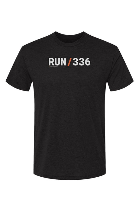 black shirt with words RUN / 336 in white with orange slash separating the words