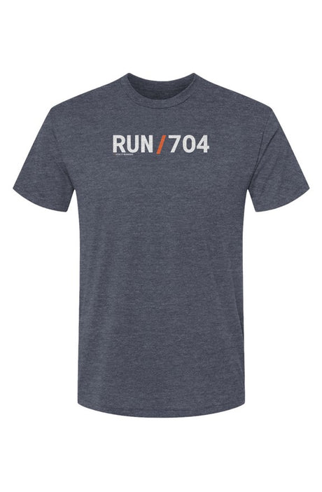 slate blue shirt with words RUN / 704 in white with orange slash separating the words