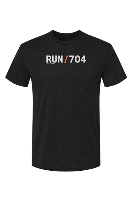 black shirt with words RUN / 704 in white with orange slash separating the words