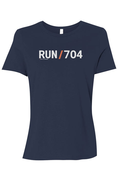 navy blue shirt with words RUN / 704 in white with orange slash separating the words