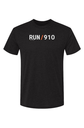 black shirt with words RUN / 910 in white with orange slash separating the words