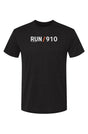 black shirt with words RUN / 910 in white with orange slash separating the words