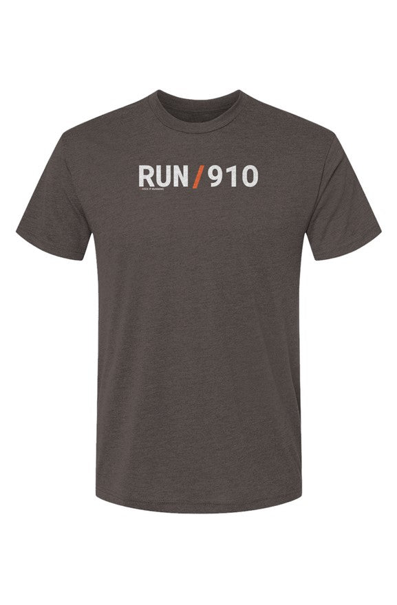 brown shirt with words RUN / 910 in white with orange slash separating the words