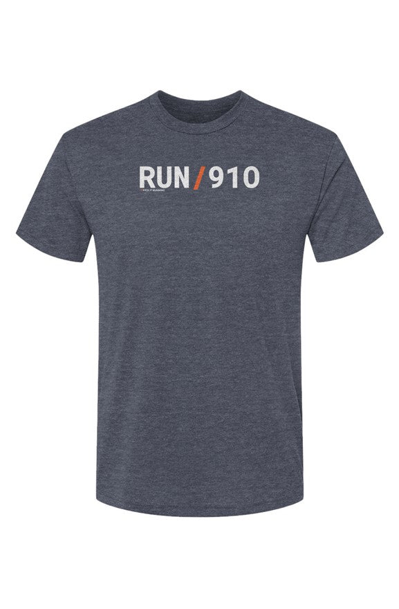 slate blue shirt with words RUN / 910 in white with orange slash separating the words