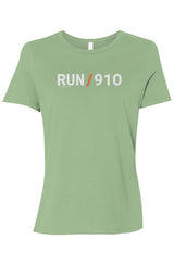 light green shirt with words RUN / 910 in white with orange slash separating the words