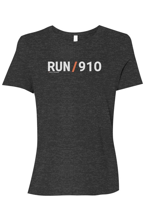 dary grey shirt with words RUN / 910 in white with orange slash separating the words