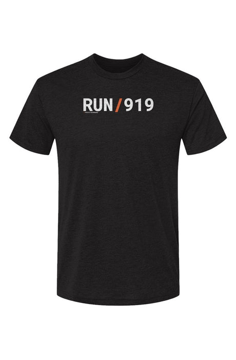 black shirt with words RUN / 919 in white with orange slash separating the words