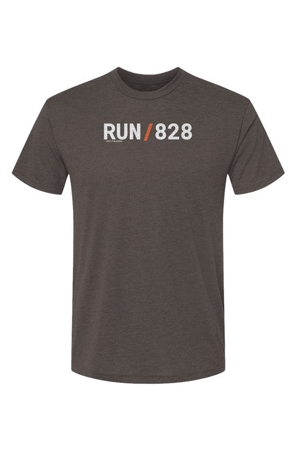 brown shirt with words RUN / 828 in white with orange slash separating the words
