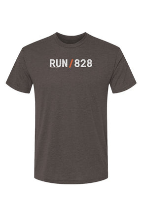 brown shirt with words RUN / 828 in white with orange slash separating the words