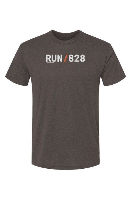brown shirt with words RUN / 828 in white with orange slash separating the words