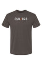 brown shirt with words RUN / 828 in white with orange slash separating the words
