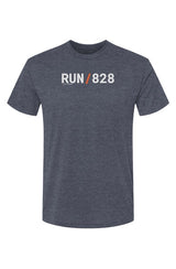slate blue shirt with words RUN / 828 in white with orange slash separating the words