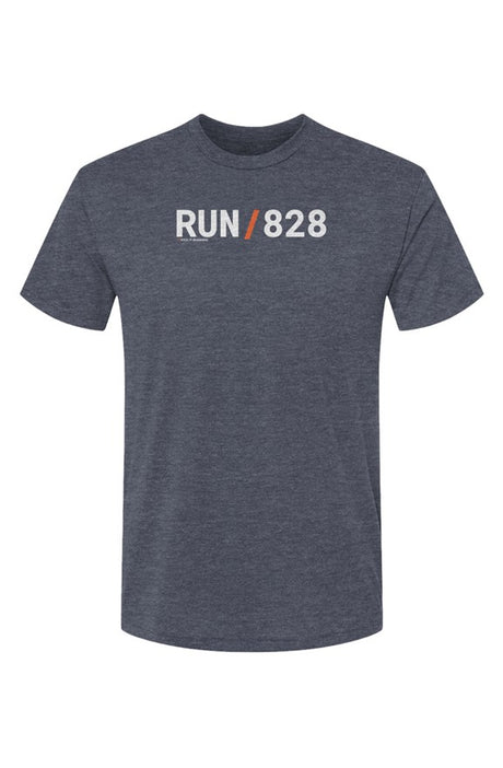 slate blue shirt with words RUN / 828 in white with orange slash separating the words