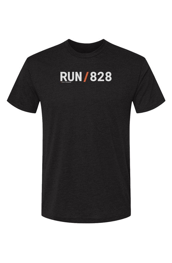 black shirt with words RUN / 828 in white with orange slash separating the words