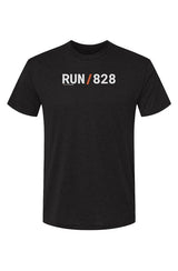 black shirt with words RUN / 828 in white with orange slash separating the words