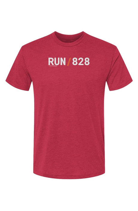 red shirt with words RUN / 828 in white with orange slash separating the words