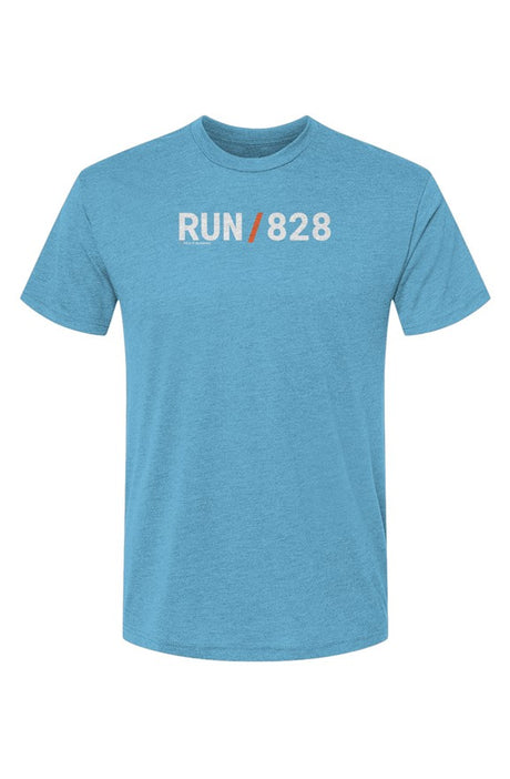 blue shirt with words RUN / 828 in white with orange slash separating the words